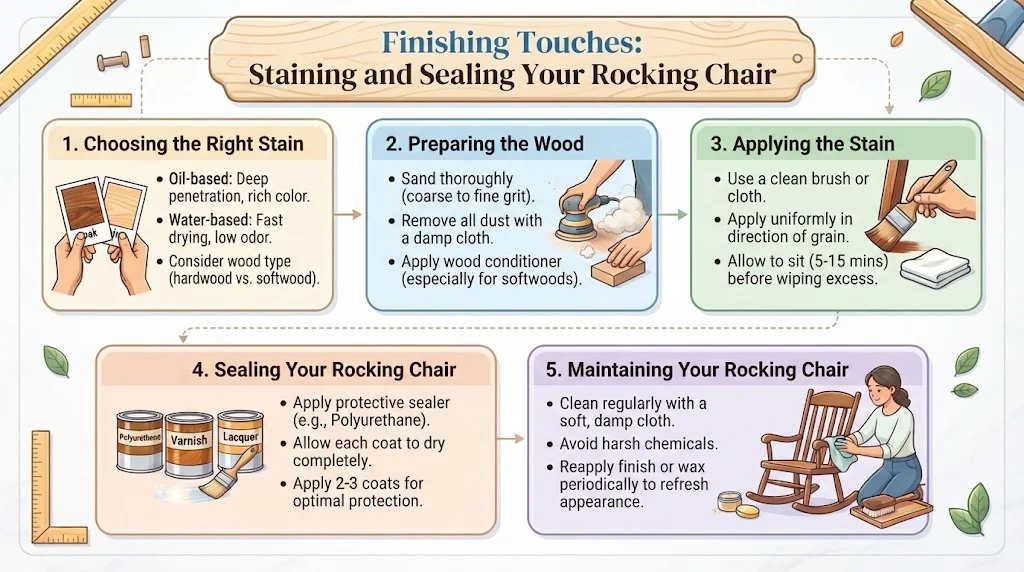 An infographic titled "Finishing Touches: Staining and Sealing Your Rocking Chair" detailing five steps: 1) Choosing the Right Stain, 2) Preparing the Wood, 3) Applying the Stain, 4) Sealing Your Rocking Chair, and 5) Maintaining Your Rocking Chair.