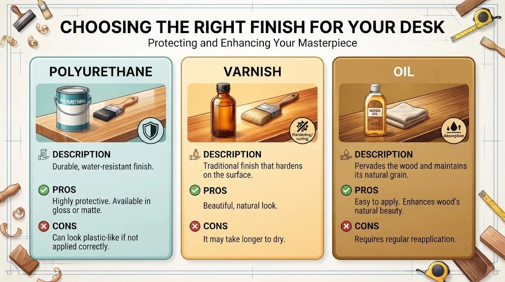 Infographic comparing polyurethane, varnish, and oil finishes for a wooden desk.
