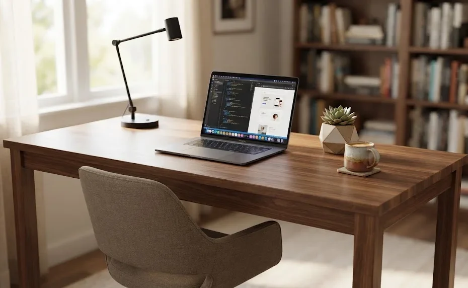 A finished, modern wooden desk in a home office setting, complete with a laptop, lamp, and potted plant.