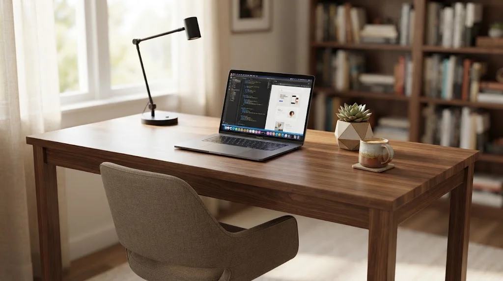 A finished, modern wooden desk in a home office setting, complete with a laptop, lamp, and potted plant.
