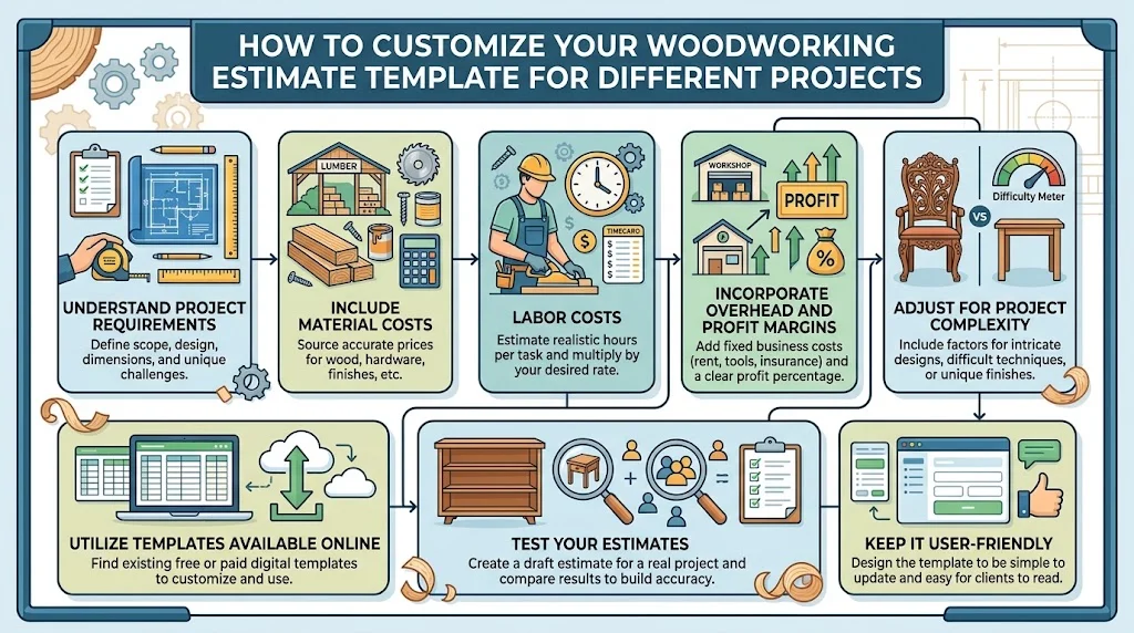 An infographic illustrating eight steps to customize a woodworking estimate template, including understanding project requirements, calculating material and labor costs, incorporating overhead and profit, adjusting for complexity, and testing for accuracy.