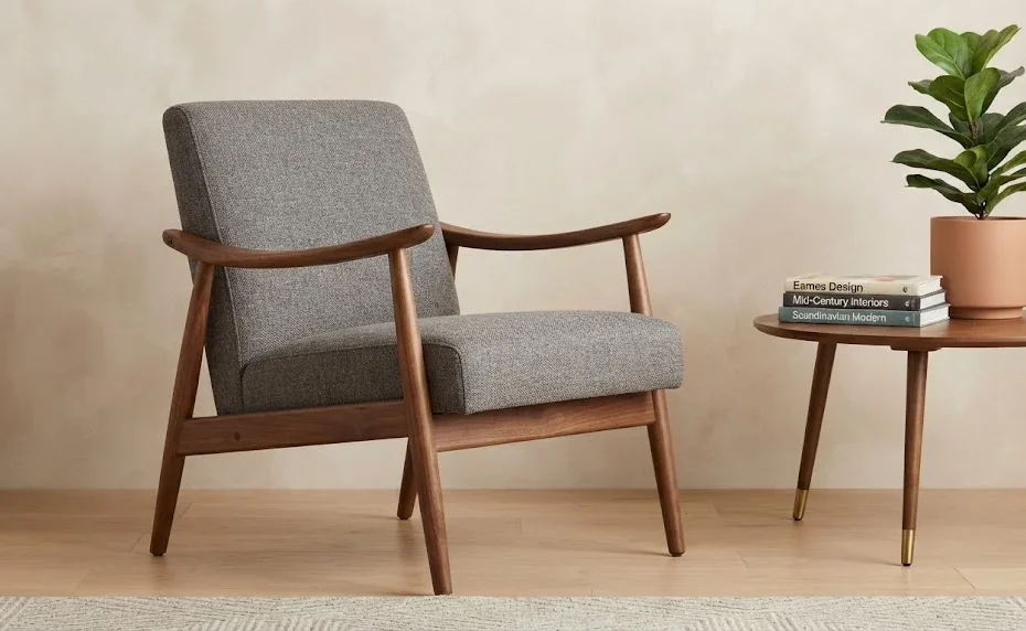 Mid-century modern gray armchair with wooden frame, next to a side table with books and a plant.