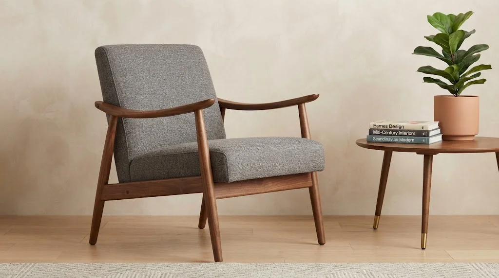 Mid-century modern gray armchair with wooden frame, next to a side table with books and a plant.