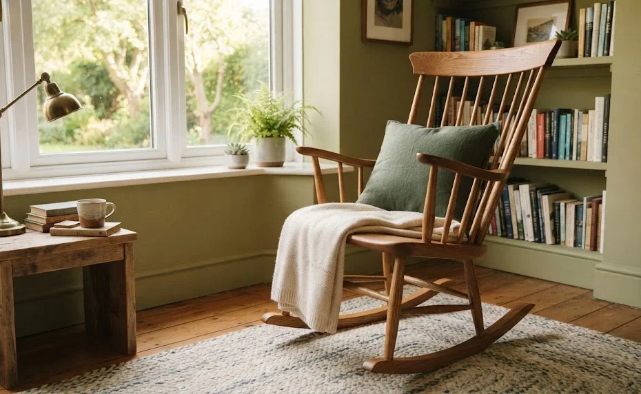 A completed wooden rocking chair with a green cushion and a white throw blanket, positioned in a cozy reading nook next to a window.