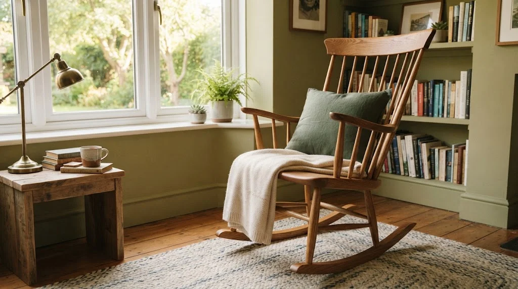 A completed wooden rocking chair with a green cushion and a white throw blanket, positioned in a cozy reading nook next to a window.