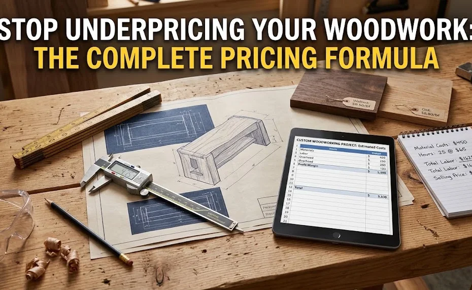 Workbench flat-lay with woodworking blueprints, digital caliper, pricing tablet, and text overlay reading "Stop Underpricing Your Woodwork."