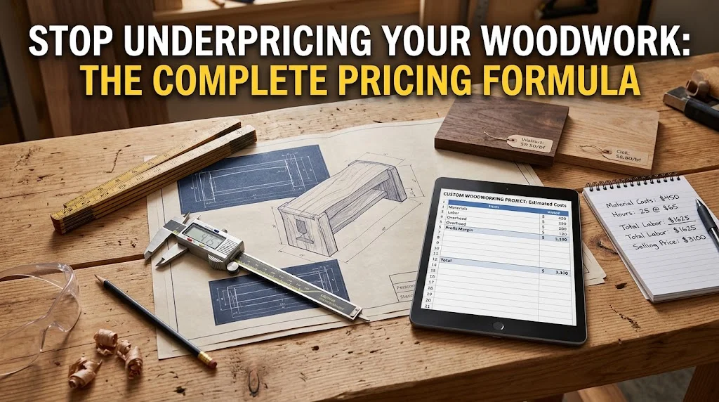 Workbench flat-lay with woodworking blueprints, digital caliper, pricing tablet, and text overlay reading "Stop Underpricing Your Woodwork."