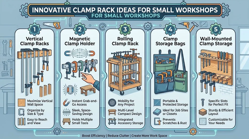 Infographic displaying five innovative clamp storage ideas for small workshops, featuring vertical racks, magnetic holders, rolling carts, storage bags, and wall-mounted storage.
