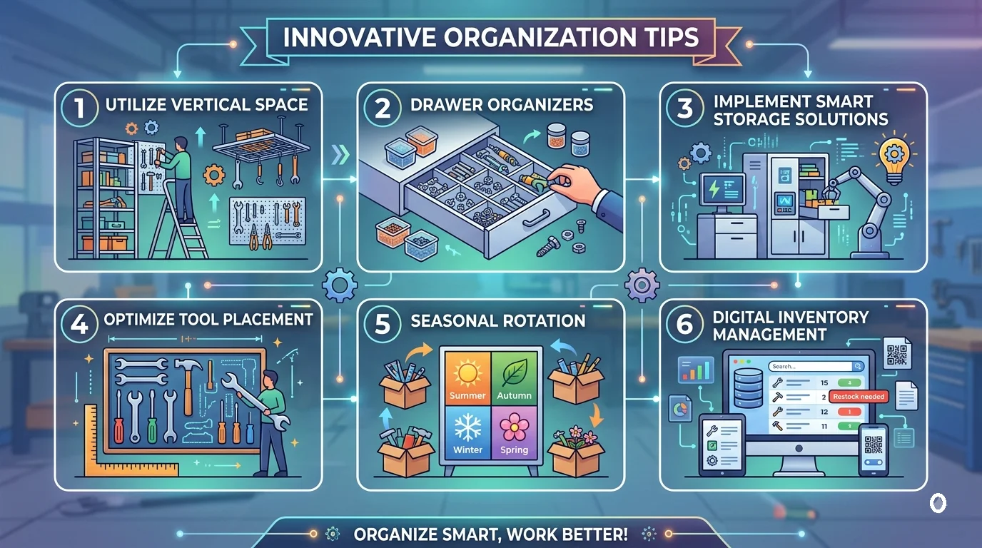 Infographic presenting innovative tool organization tips, including vertical space usage, drawer organizers, smart storage, placement optimization, seasonal rotation, and digital inventory tracking.
