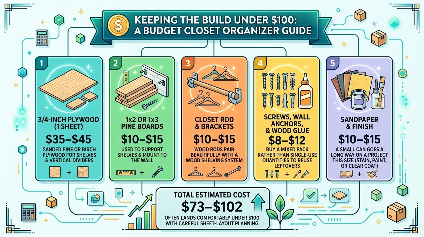 An infographic breaking down the itemized budget and estimated $73 to $102 total cost for a DIY closet organizer.