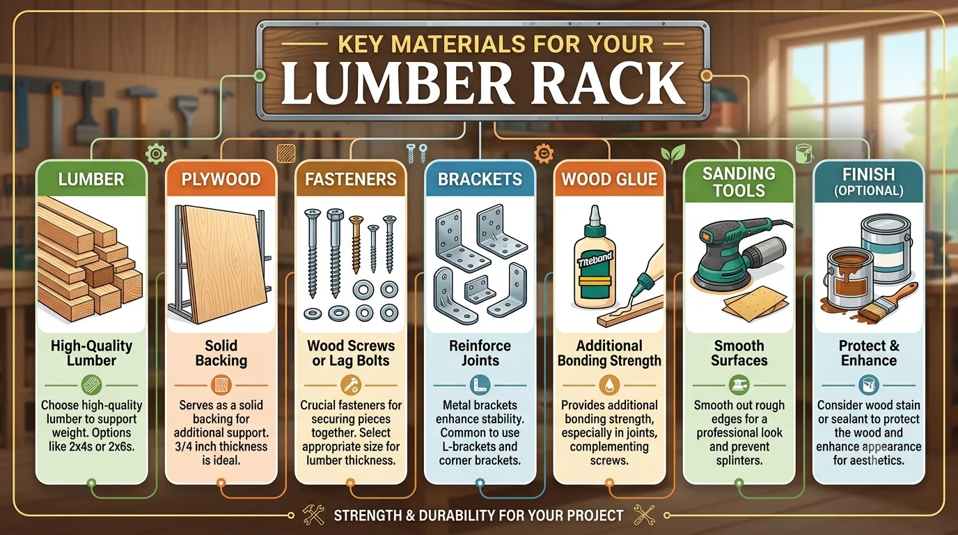 An infographic titled "KEY MATERIALS FOR YOUR LUMBER RACK" in a workshop setting, presenting seven columns with illustrations and descriptions of necessary materials: LUMBER, PLYWOOD, FASTENERS, BRACKETS, WOOD GLUE, SANDING TOOLS, and FINISH