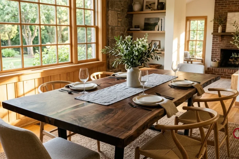 Live edge walnut dining table with linen runner and place settings