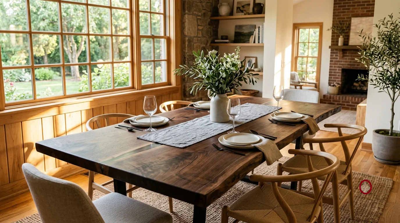 Live edge walnut dining table with linen runner and place settings