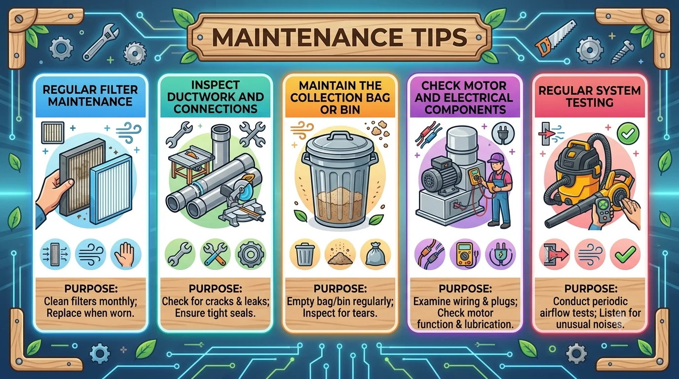 An infographic detailing five maintenance tips for a dust collection system.