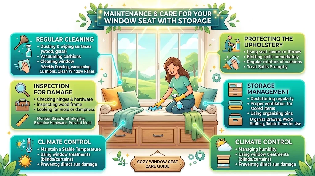 An infographic titled "Maintenance & Care for Your Window Seat with Storage" in a 16:9 ratio, depicting a central illustration of a woman cleaning a window seat, surrounded by tips on cleaning, inspecting, climate control, storage management, and upholstery care.