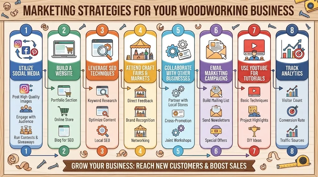 An infographic outlining eight key marketing strategies for a woodworking business, from social media and SEO to email campaigns and analytics.