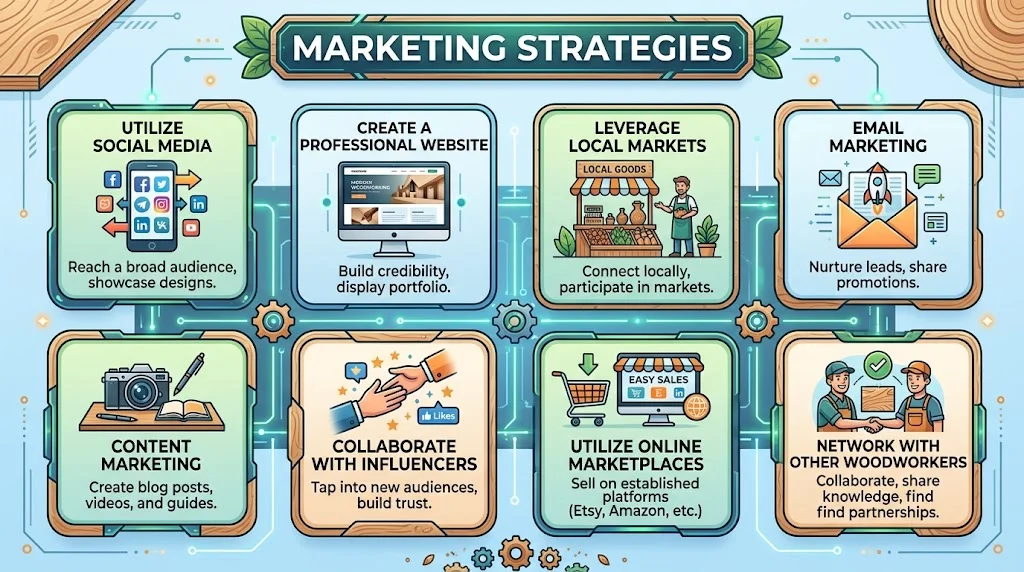 Infographic titled "Marketing Strategies" displaying eight wooden-framed cards with icons for social media, websites, local markets, email marketing, content marketing, influencer collaborations, online marketplaces, and networking with woodworkers.