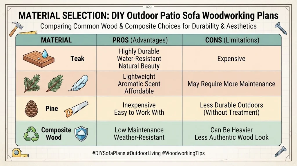 Infographic comparing Teak, Cedar, Pine, and Composite Wood materials with pros and cons for outdoor patio sofa plans.