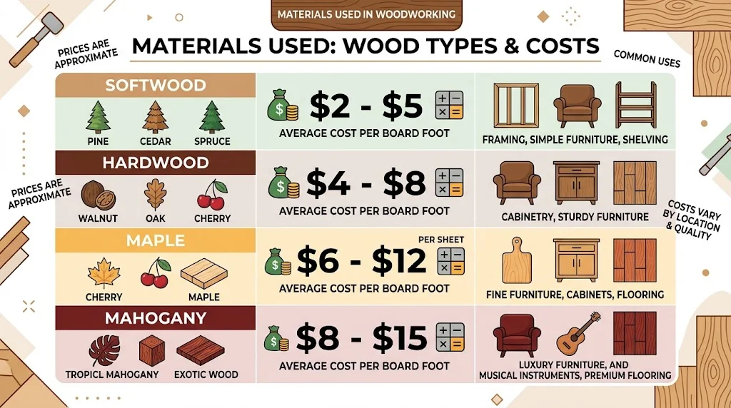An infographic table comparing the cost per board foot of common wood types: Pine ($2–$5), Oak ($4–$8), Maple ($5–$10), Cherry ($6–$12), and Mahogany ($8–$15).