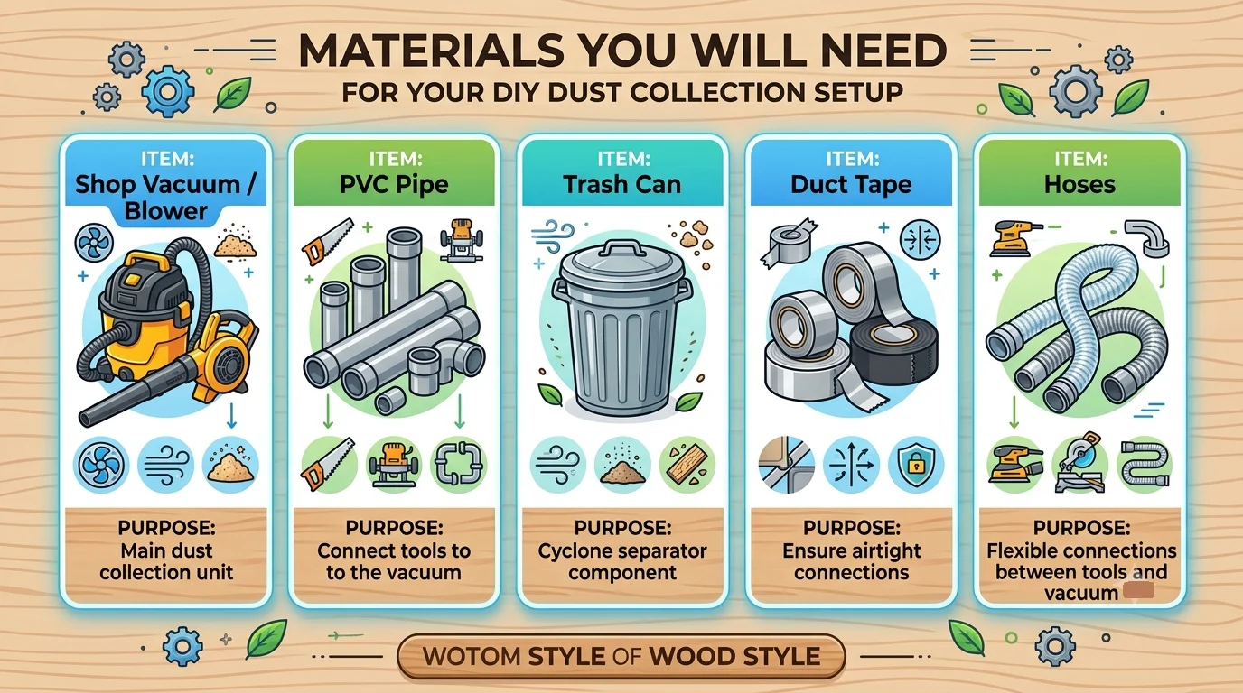 Infographic showing a list of materials needed to build a DIY dust collection system, including a shop vacuum, PVC pipe, trash can, duct tape, and hoses.