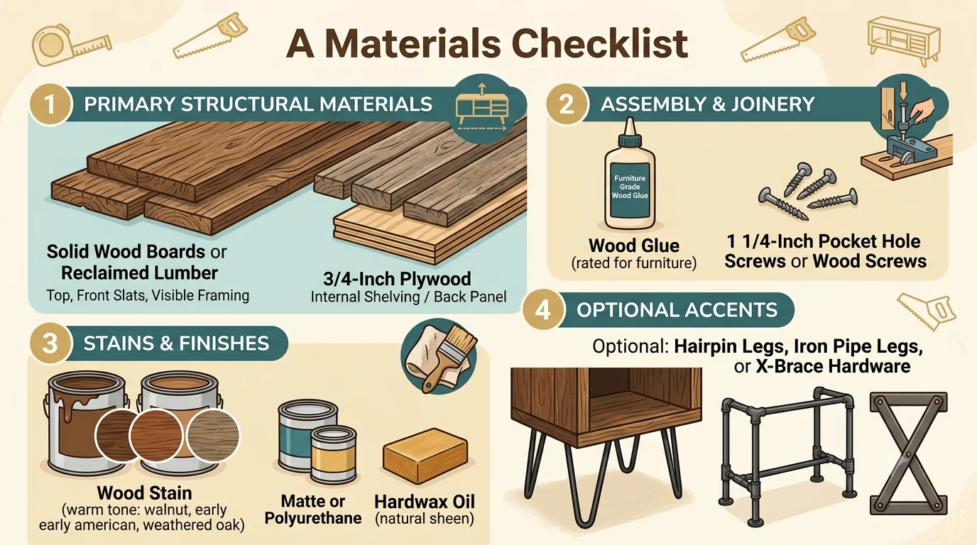 An infographic titled 'A Materials Checklist' showing illustrated panels for structural wood, wood glue and screws, stains and finishes, and optional metal legs and hardware.