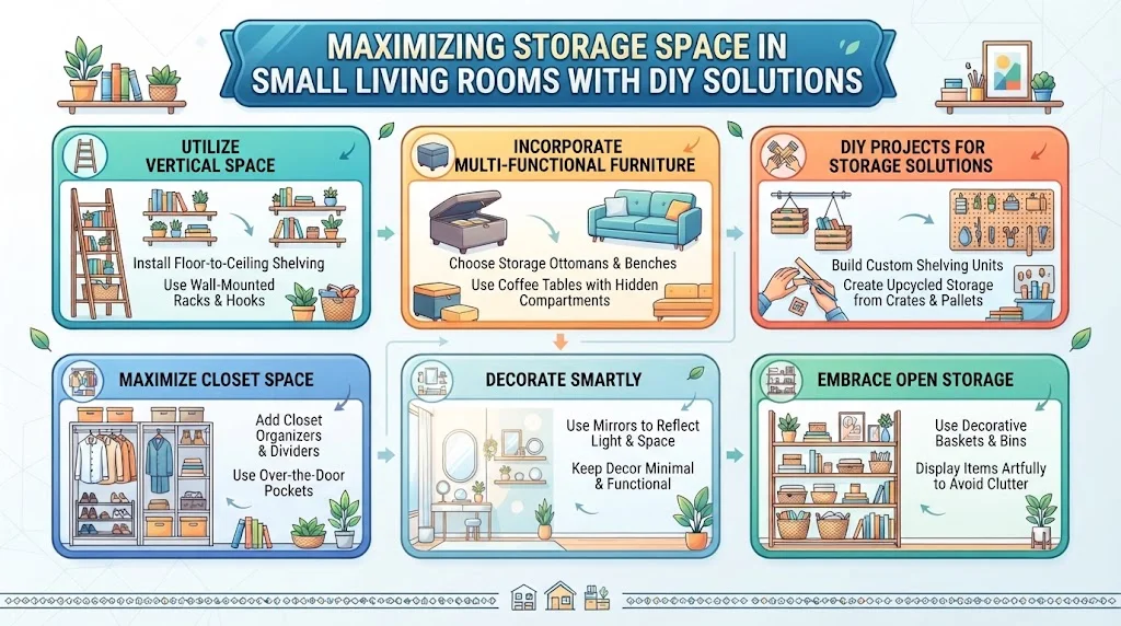 Infographic titled "Maximizing Storage Space in Small Living Rooms with DIY Solutions," featuring six illustrated sections: Utilize Vertical Space, Incorporate Multi-Functional Furniture, DIY Projects for Storage Solutions, Maximize Closet Space, Decorate Smartly, and Embrace Open Storage, set against a 16:9 layout.