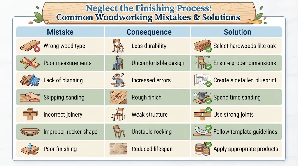 An infographic titled "Neglect the Finishing Process: Common Woodworking Mistakes & Solutions," presented as a three-column table with rows for seven common errors