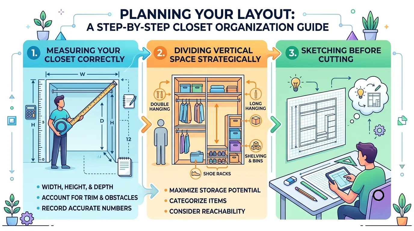 An infographic detailing three steps for planning a DIY closet layout: measuring dimensions, dividing vertical space, and sketching a blueprint.