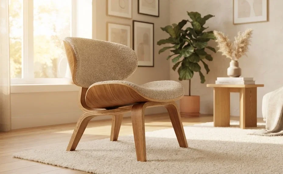 A modern, high-end plywood accent chair in a sunlit living room with neutral tones, a textured rug, and houseplants.
