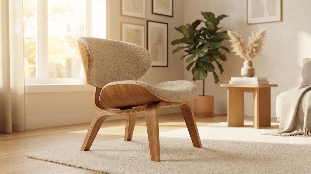 A modern, high-end plywood accent chair in a sunlit living room with neutral tones, a textured rug, and houseplants.