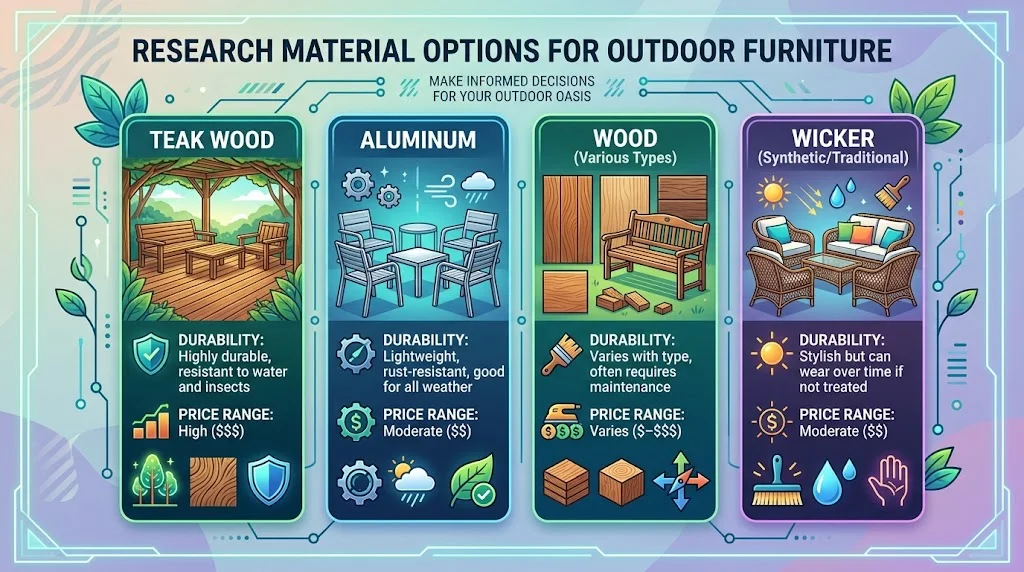 An infographic in a 16:9 ratio titled "Research Material Options for Outdoor Furniture," showing four columns comparing Teak Wood, Aluminum, Wood (Various Types), and Wicker across durability and price range attributes.