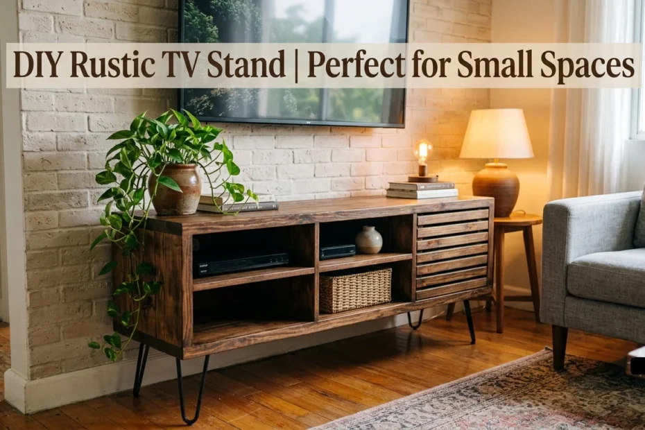 A styled DIY rustic wooden TV stand with black hairpin legs in a cozy living room setting.
