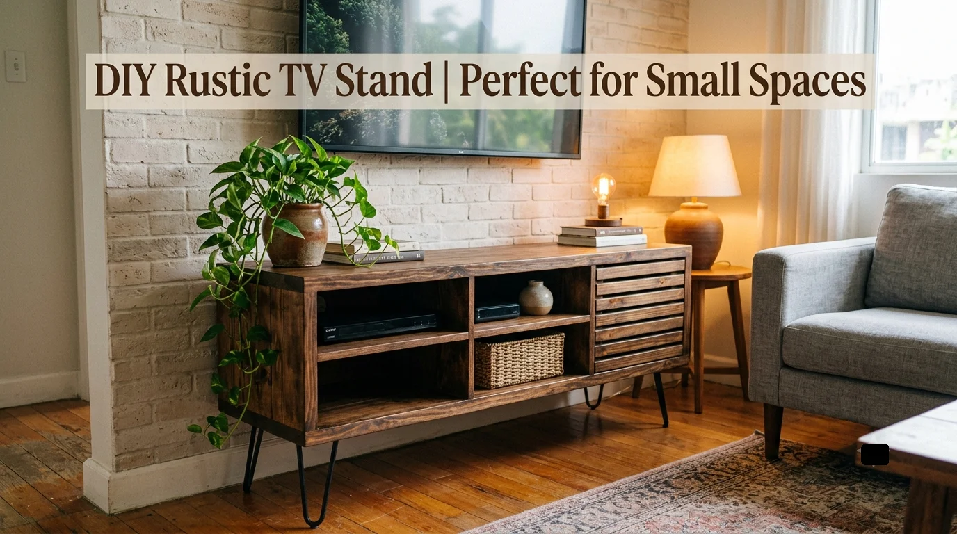 A styled DIY rustic wooden TV stand with black hairpin legs in a cozy living room setting.