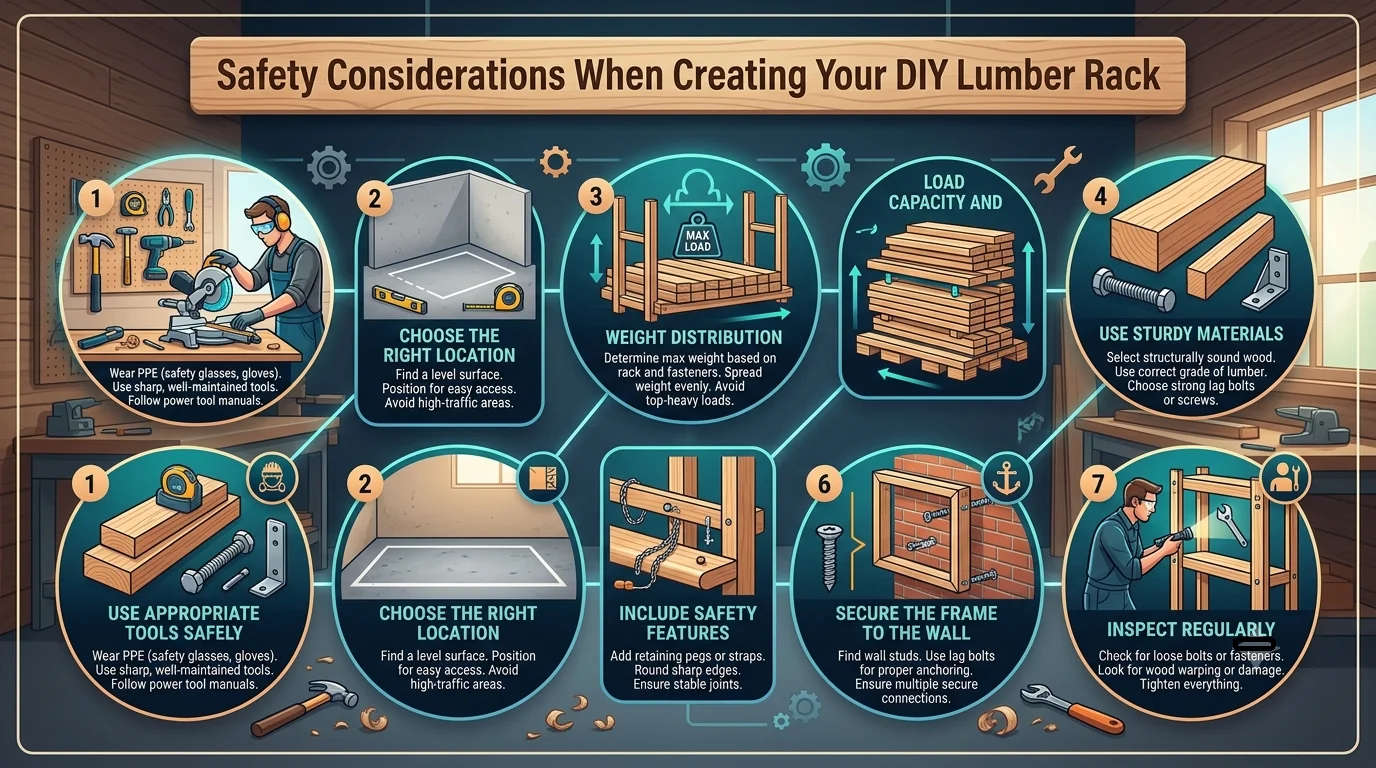 A horizontal infographic illustration with a wood banner title "Safety Considerations When Creating Your DIY Lumber Rack." Seven numbered steps are arranged in circular and square panels with icons and descriptions, all against a workshop background.