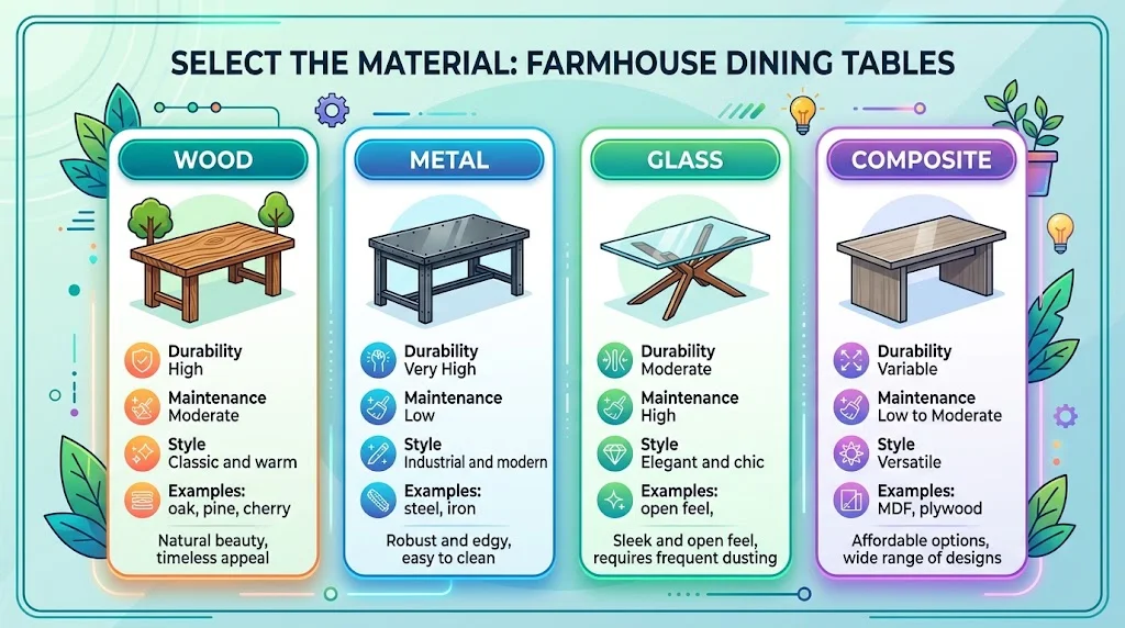 Infographic comparing farmhouse dining table materials (wood, metal, glass, composite) by durability, maintenance, and style in a 16:9 layout.