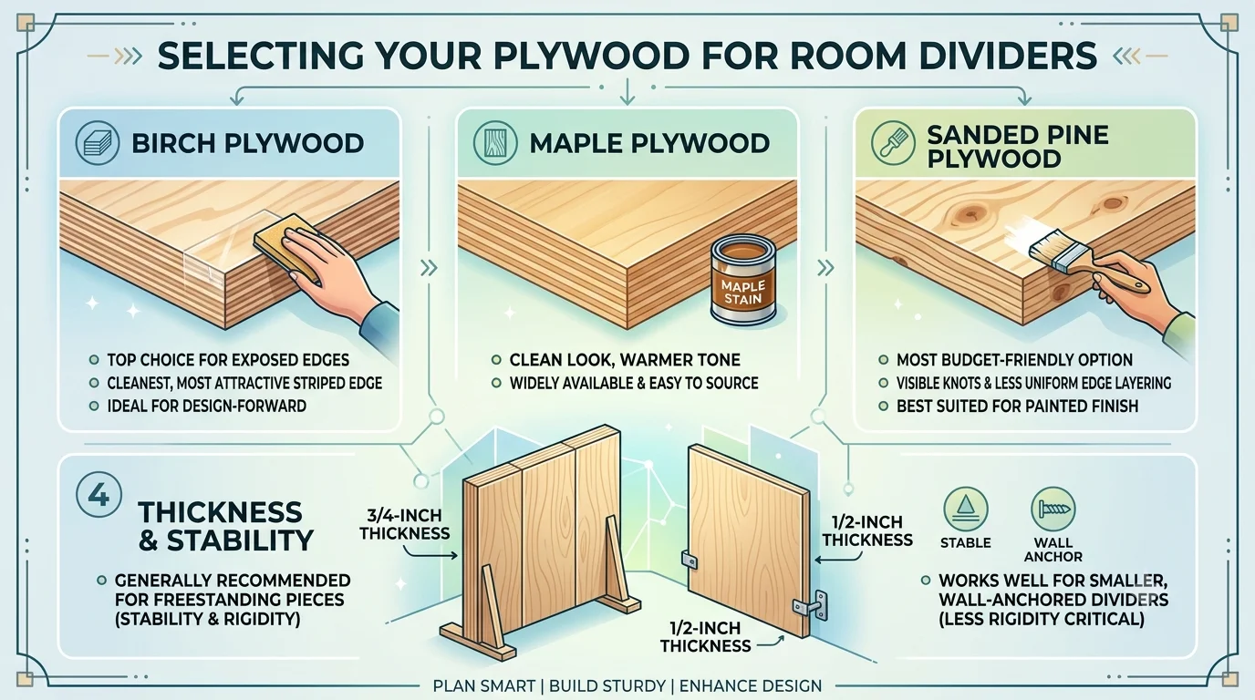 An infographic comparing birch, maple, and pine plywood options and thickness recommendations for DIY room dividers.