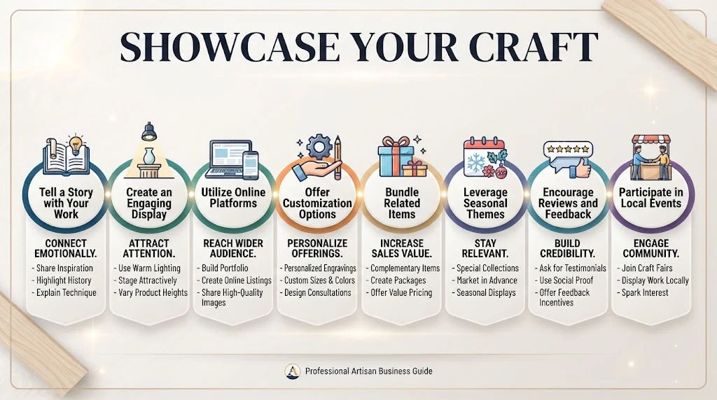 An infographic titled "SHOWCASE YOUR CRAFT" featuring eight connected steps: Tell a Story with Your Work, Create an Engaging Display, Utilize Online Platforms, Offer Customization Options, Bundle Related Items, Leverage Seasonal Themes, Encourage Reviews and Feedback, and Participate in Local Events.