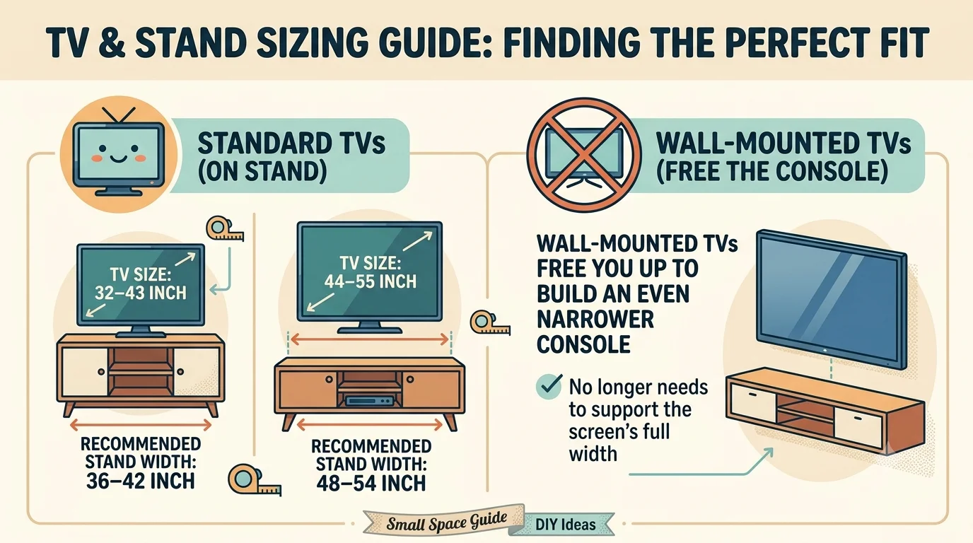 An infographic titled 'TV & Stand Sizing Guide' comparing recommended stand sizes for standard TVs and wall-mounted TVs.
