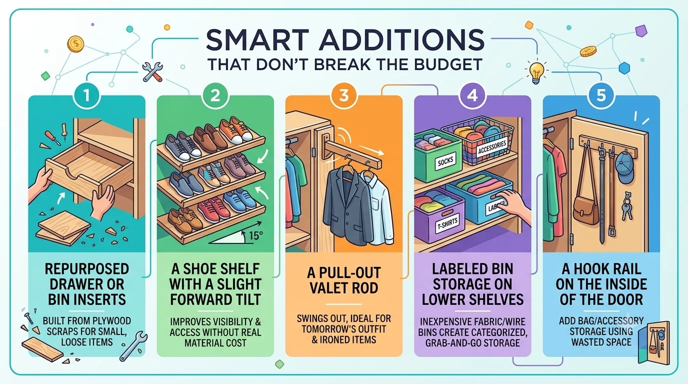 An infographic showcasing five budget-friendly additions for a DIY closet organizer.