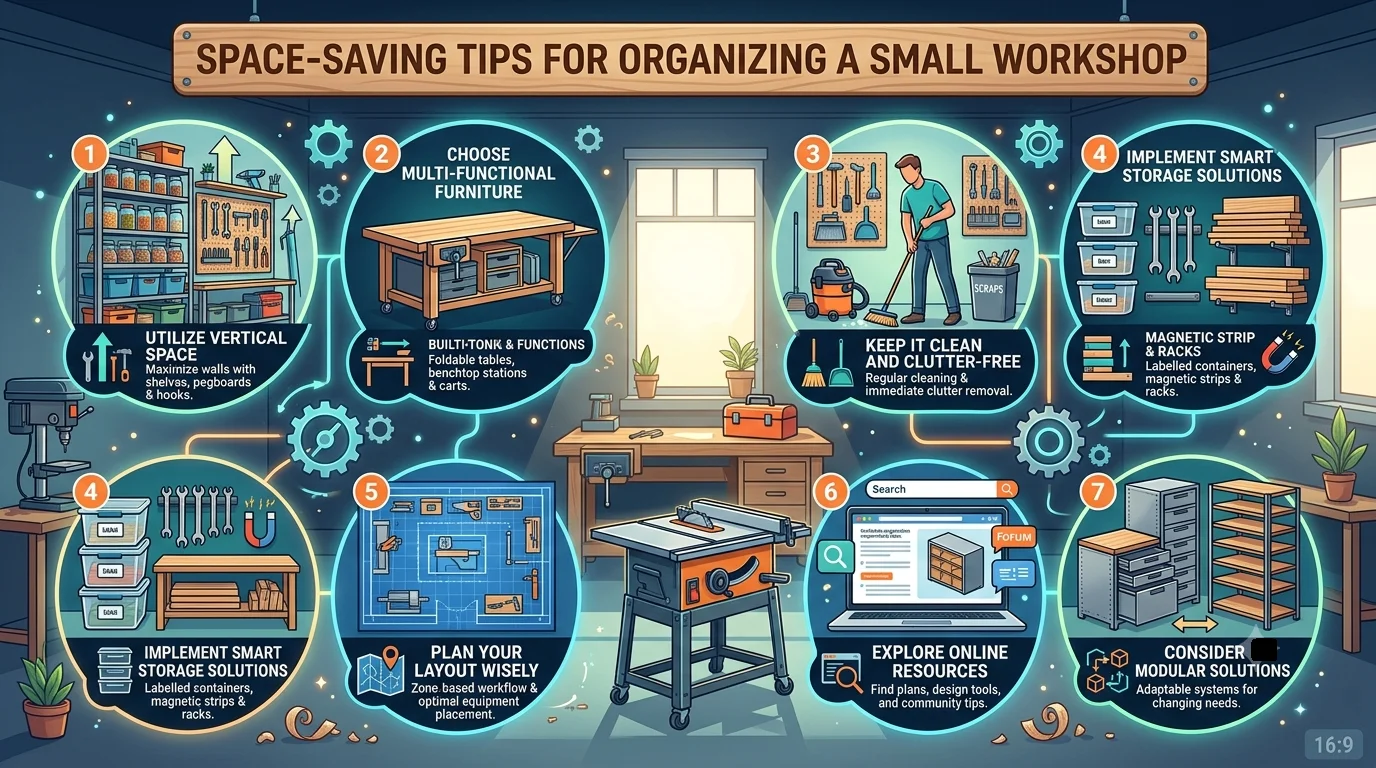 A horizontal infographic titled "SPACE-SAVING TIPS FOR ORGANIZING A SMALL WORKSHOP" features seven numbered illustration panels around a central table saw
