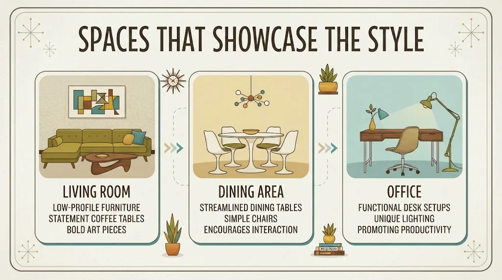 Infographic detailing mid-century modern spaces, including design elements for the living room, dining area, and office.