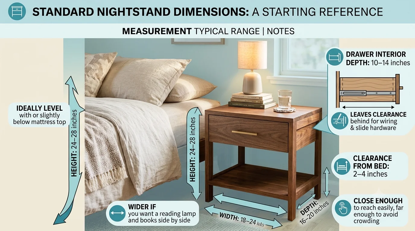 An infographic titled 'Standard Nightstand Dimensions: A Starting Reference' displaying height, width, depth, drawer depth, and clearance measurements around a bedside nightstand.