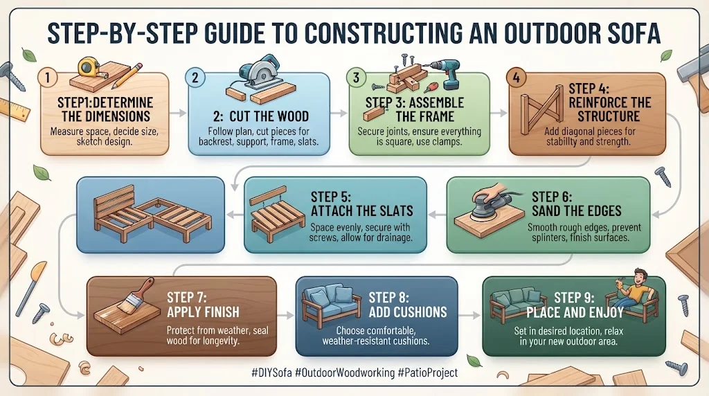 Infographic illustrating a 9-step guide to constructing a DIY outdoor patio sofa, from measuring dimensions to final placement.