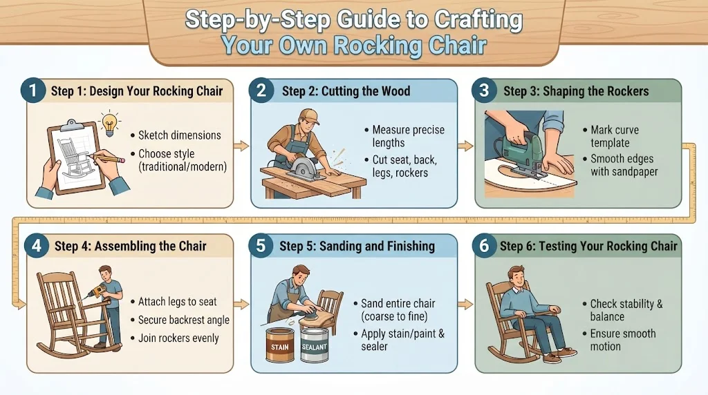 An infographic titled "Step-by-Step Guide to Crafting Your Own Rocking Chair" broken down into six numbered stages: 1) Design, 2) Cutting, 3) Shaping, 4) Assembling, 5) Sanding and Finishing, and 6) Testing, each with a small illustration and bulleted instructions.