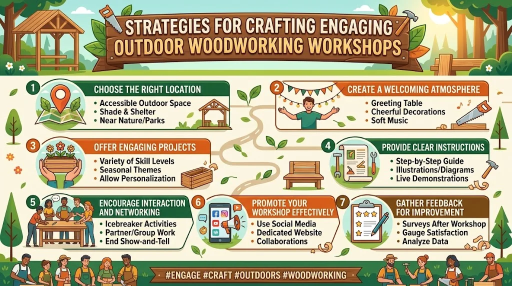 Infographic outlining seven key strategies for hosting engaging outdoor woodworking workshops.