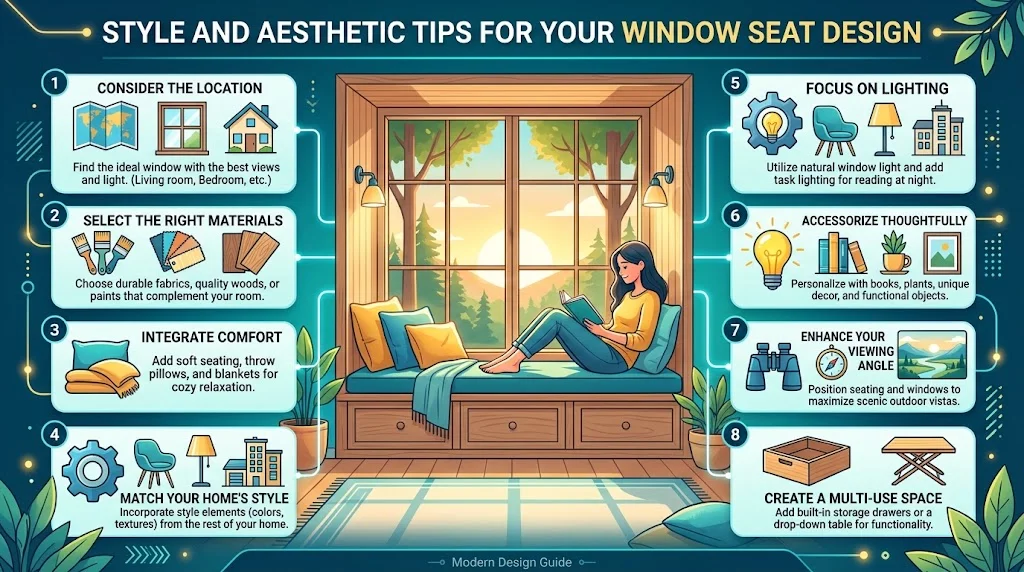 An infographic titled "Style and Aesthetic Tips for Your Window Seat Design" featuring a center illustration of a cozy window seat in 16:9 ratio surrounded by eight numbered design tip boxes with icons.