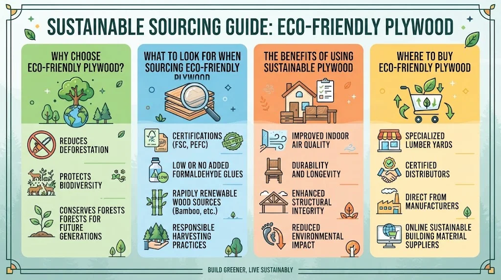 An infographic in 16:9 ratio titled "Sustainable Sourcing Guide: Eco-Friendly Plywood," divided into four columns detailing why to choose it, what to look for, its benefits, and where to buy it.