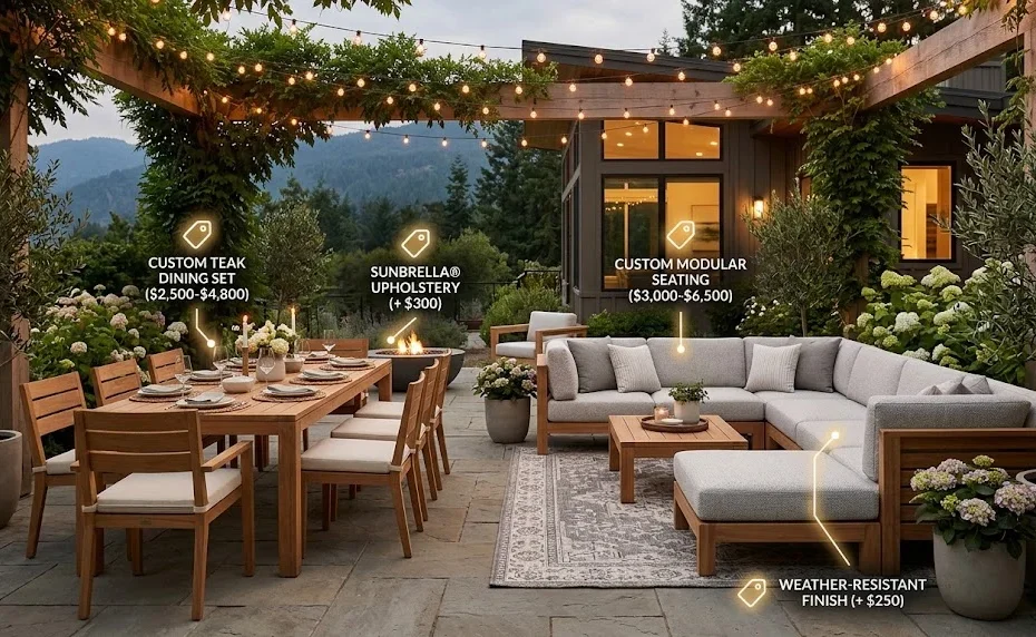 A photograph of a modern, twilight patio styled with string lights, lush plants, and two key areas: a teak dining set and an L-shaped sofa. Both furniture groups are tagged with glowing pricing overlays
