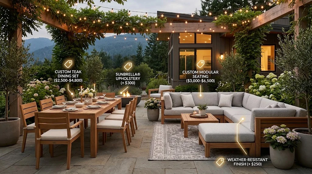 A photograph of a modern, twilight patio styled with string lights, lush plants, and two key areas: a teak dining set and an L-shaped sofa. Both furniture groups are tagged with glowing pricing overlays