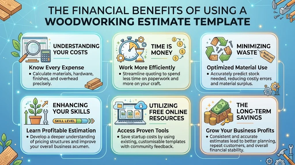An infographic outlining six financial benefits of using a woodworking estimate template: knowing every expense, working more efficiently, minimizing waste, enhancing skills, using free online resources, and long-term business savings.